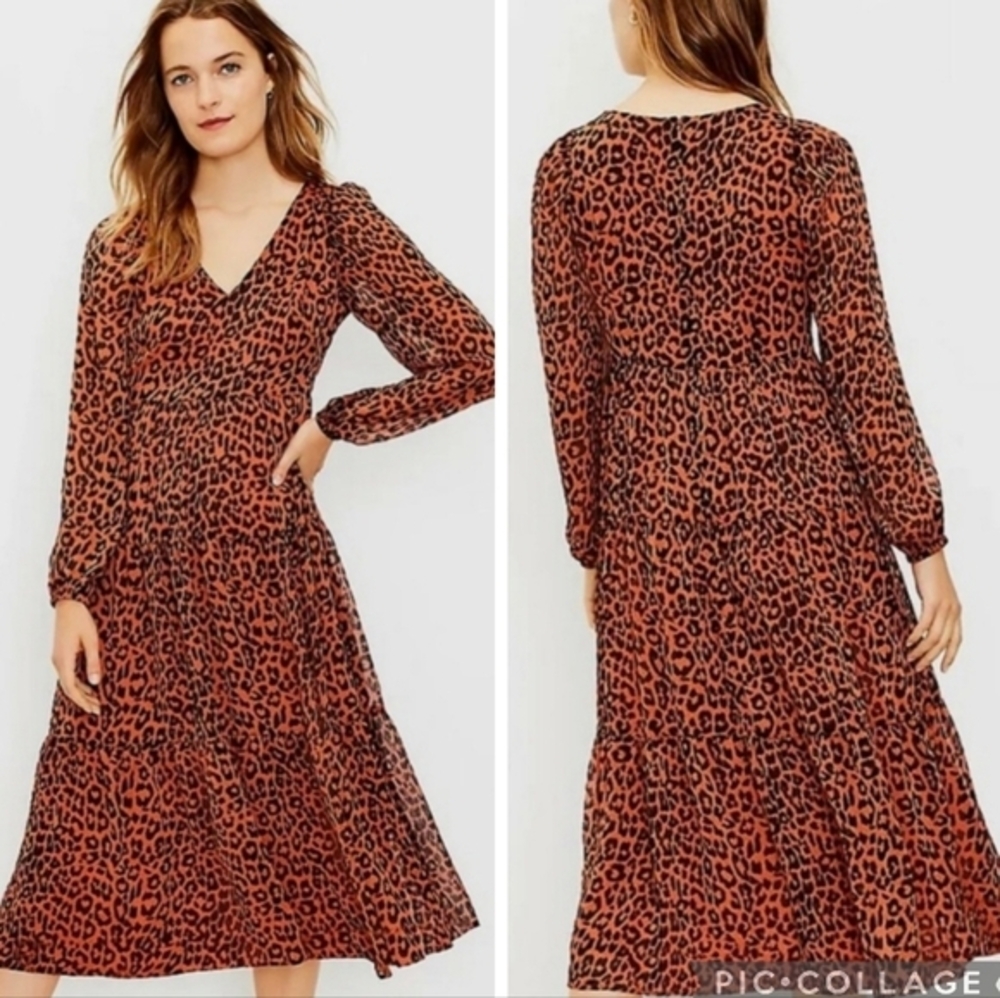 LOFT Leopard Print Tiered V-Neck Midi Dress Size 10 Brown Black Fall‎ Office